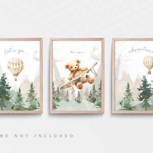Teddy Bear nursery print, Nursery wall art, Set of 3, Hot air balloon nursery, Bear wall art, aeroplane print, adventure awaits
