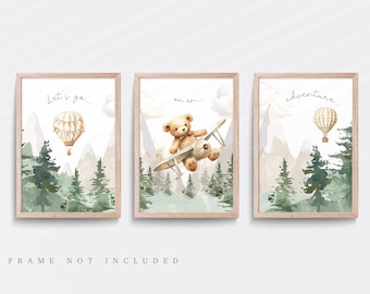 Teddy Bear Nursery Print Set: Hot Air Balloon, Airplane Wall Art