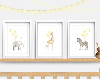 Safari Nursery wall art, Set of 3 prints, Giraffe Nursery print, Nursery decor, Yellow wall art, Safari animal art, Elephant nursery print