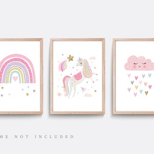 Unicorn Nursery print, Nursery wall art, Set of 3 prints, Rainbow Nursery print, Kids bedroom art, Unicorn print,  Cloud print, Pink nursery