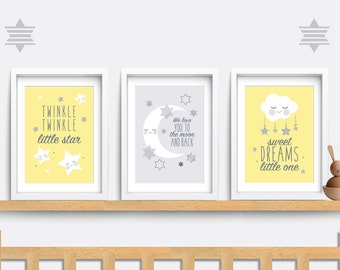 Nursery wall art. Set of 3 Baby Nursery prints. Cloud nursery decor. Moon nursery art. Twinkle twinkle little star art. Yellow and grey art