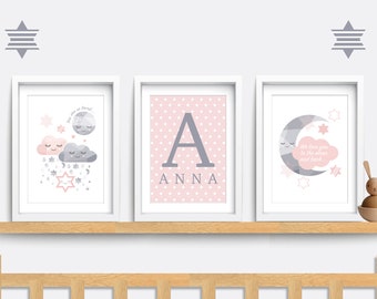 Moon and Stars Nursery Prints: Pink Cloud Decor, Baby Name Art (Set of 3)