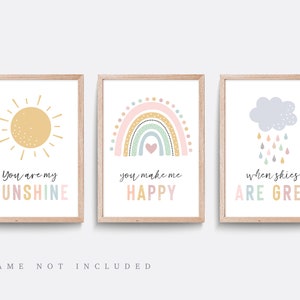 Rainbow nursery print, Rainbow wall art, Neutral nursery decor, You are my sunshine nursery art, Baby name print, Girl bedroom art, Set of 3