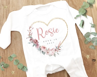 Personalised Sleepsuit, New baby gift, Born in 2024 gift, Personalised baby grow, Flower baby grow, Going home outfit, Baby keepsake