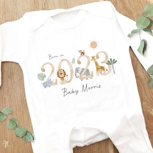 Personalised Sleepsuit, New baby gift, Born in 2024 gift, Personalised baby grow, Safari baby gift, Going home outfit, Baby keepsake image 2