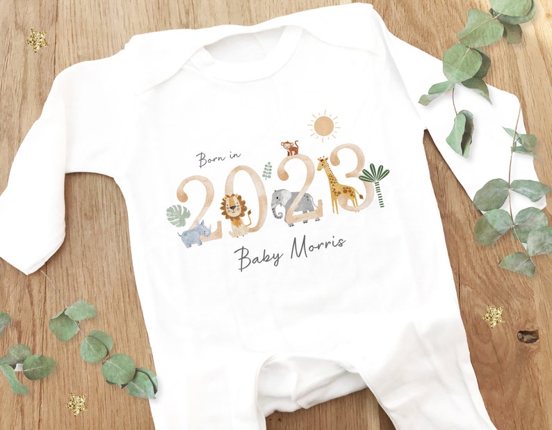 Personalised Sleepsuit, New baby gift, Born in 2024 gift, Personalised baby grow, Safari baby gift, Going home outfit, Baby keepsake image 2