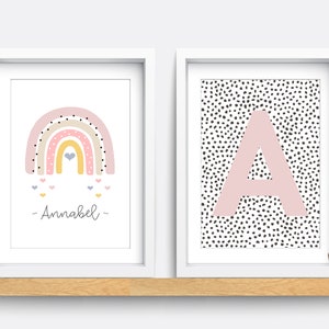 Rainbow nursery print, Nursery wall art, Pink nursery decor, Name print, Initial print, Spotty nursery decor, Rainbow wall art, girl nursery