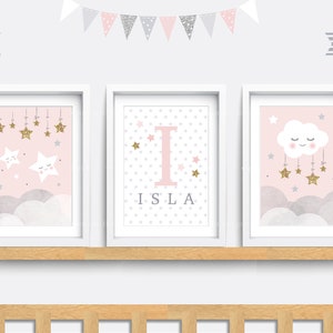 Nursery wall art, Set of 3 Star prints, Kids name print, Girl nursery decor, Pink nursery prints, Baby name print, Cloud print, Baby gift