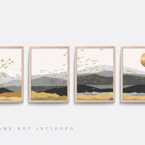 Ochre and Grey Abstract Art Prints - Set of 4 Minimalist Wall Decor
