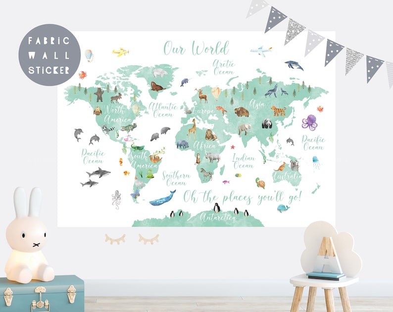 Animal World Map Fabric Wall Sticker: Nursery Wall Art - Etsy