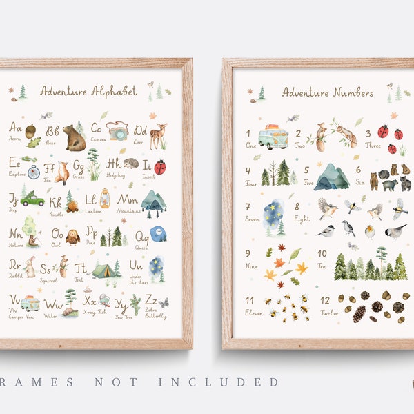 Nursery Alphabet prints, Set of 2, ABC nursery print, Woodland nursery, boy room print, gender neutral art, Adventure print, Forest