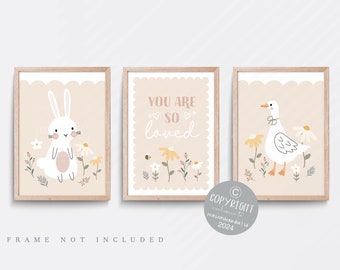 Wildflower Nursery Print Set: Goose, Rabbit, Floral Girl Bedroom Art