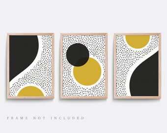 Abstract Geometric Prints: Mustard and Black Wall Art, Set of 3