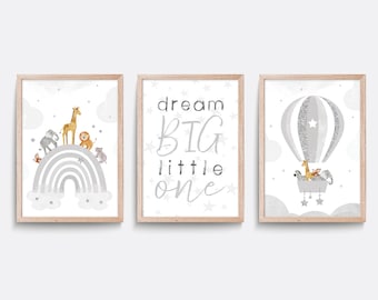 Safari Animal Nursery Prints: Hot Air Balloon, Rainbow, Stars (Set of 3)