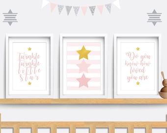 Nursery wall art, Set of 3 Star prints, Twinkle twinkle little star, Girls nursery decor, Pink nursery prints, Nursery quote print, Star art