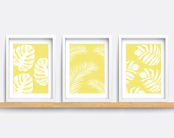 Set of 3 Botanical Prints: Yellow Leaf Art, Modern Home Decor