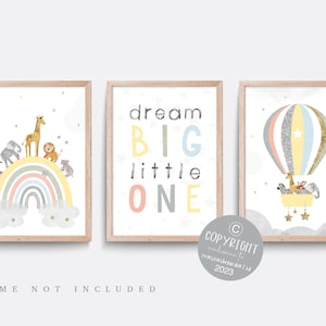 Safari nursery print, Set of 3 prints, Rainbow nursery decor, Hot air balloon, Baby nursery print, Neutral nursery, Dream big print, yellow