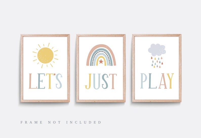 Colourful nursery Playroom print Let/'s play Kid bedroom art Set of 3 prints Nursery wall art Yellow Nursery print Rainbow nursery art