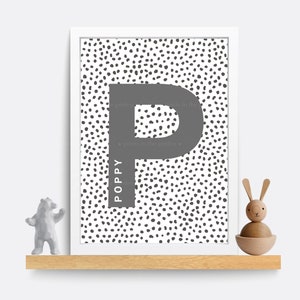 Puede incluir: Una impresi&oacute;n enmarcada en blanco con un fondo de lunares blanco y negro. La letra "P" es gris y el nombre "Poppy" est&aacute; escrito verticalmente en gris dentro de la letra. El texto "prints in the garden" est&aacute; escrito en gris en la parte superior e inferior de la letra.