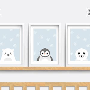 Nursery wall art. Set of 3 animal prints. Baby Nursery print. Kid bedroom art. Baby nursery decor. Seal. Penguin. Polar Bear. Animal print