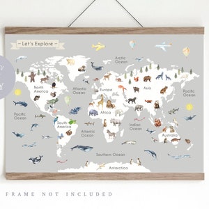 Animal World Map Print, Kid's World map,  Educational Print,  Nursery Map,  Nursery wall art,  Children's Room Decor,  Playroom Print