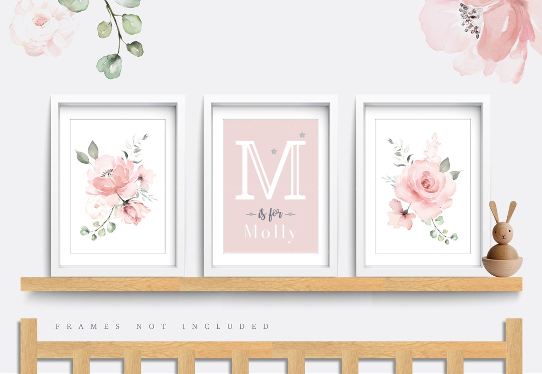 Flower Nursery Print, Set of 3 Prints, Pink Nursery Decor, Floral