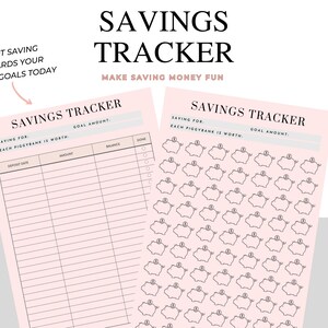 Puede incluir: Un rastreador de ahorros imprimible con fondo rosa. El rastreador tiene dos secciones. La primera sección es una tabla con columnas para la fecha de depósito, la cantidad, el saldo y hecho. La segunda sección tiene una cuadrícula de alcancías. El texto "Savings Tracker" está en la parte superior de la página. El texto "Make saving money fun" está debajo del título.