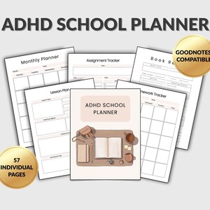 Peut inclure: Un planificateur scolaire pour TDAH avec 57 pages individuelles, comprenant un planificateur mensuel, un suivi des devoirs, un plan de cours et un suivi des devoirs. La couverture présente un livre ouvert, un crayon et une tasse de café. Le planificateur est compatible Goodnotes.