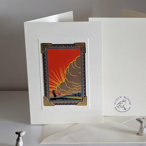 Handmade greetings/birthday card. Genuine vintage playing card, 1930s Art Deco sunburst & clouds