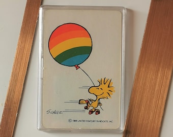 Woodstock Fridge Magnet ~ Genuine vintage playing card, 1980s Hallmark - Peanuts' yellow bird Pride balloon. Snoopy, rollerskates, LGBTQIA+