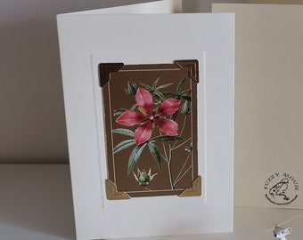 Handmade greetings/birthday card. Genuine vintage playing card, 1980s, stylised red/wood lily. Perfect retro any occasion card.