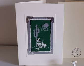 Handmade greetings/birthday card. Genuine vintage playing card, 1954 - Mexican, sombrero, cactus, guitar, desert, green, mariachi, chilli