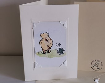 Handmade greetings/birthday card. Genuine vintage playing card, 1970s; Winne The Pooh and Piglet - & a beetle. E H Shepherd, spider, friends