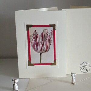 Handmade greetings/birthday card. Genuine vintage playing card. Watercolour tulip - Marrel, 1640s - The Met, tulips, red flowers, love, art