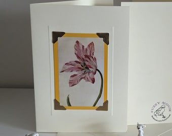Op de afbeelding: Een blanco kaart met een gele lijst om een ​​illustratie van een roze en witte tulp. De kaart is dubbelgevouwen en heeft een witte envelop. De achterkant van de kaart heeft een klein logo met de tekst "Fuzzy Mouse".