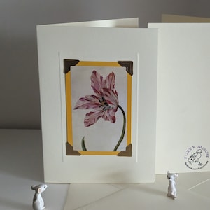 Handmade greetings/birthday card. Genuine vintage playing card. Watercolour tulip - Marrel, 1640s - The Met, tulips, red flowers, love, art