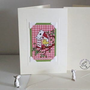 Woodstock - Handmade greetings/birthday. Genuine vintage playing card, 70s, Snoopy & The Peanuts Gang: Woodstock in a playing card treehouse