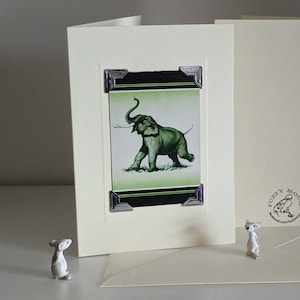Handmade greetings/birthday card. Genuine vintage playing card, 1930s Art Deco - trumpeting  dancing elephant; friends, Dumbo, fun,