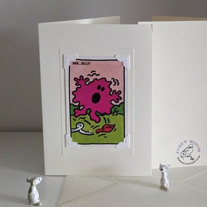 Carte de vœux/anniversaire faite à la main. Véritable carte à jouer vintage, années 1970 - Mr Jelly - original Mr Men, Roger Hargreaves, dessin animé, livres pour enfants