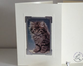 Persian Tabby Kitten Handmade greetings/birthday card. Genuine vintage playing card, 1960s. Gorgeous fluffy kitten on a retro kitsch card!