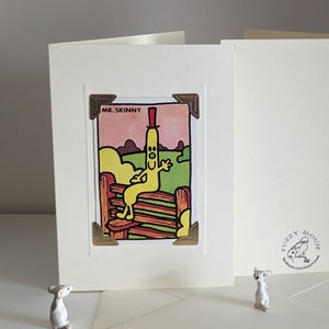 Handmade greetings/birthday card. Genuine vintage playing card, 1970s. Mr Men ~ Mr Skinny, retro classic kids tv series, kids books, cartoon