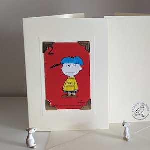Handmade greetings/birthday. Genuine vintage playing card, 70s, Snoopy & The Peanuts Gang: Charlie Brown, baseball cap; born loser. Pitcher