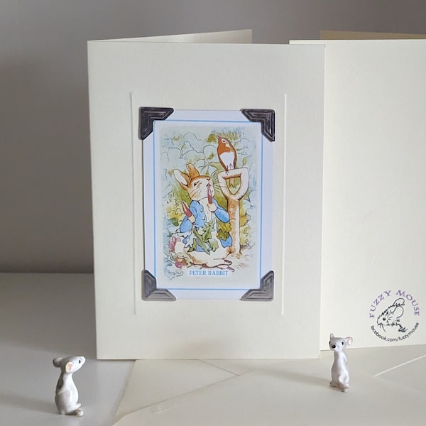 Handmade greetings/birthday card. Genuine vintage playing card, 1980s repro of 1940s Beatrix Potter card; Peter Rabbit, McGregor, film, book