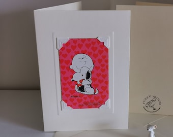 Snoopy & Charlie Brown - Carte de voeux/anniversaire faite main. Véritable carte à jouer vintage, années 1980. Cacahuètes. Coeurs d'amour. Câlins, Saint-Valentin, coeur