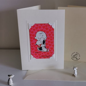 Carte de voeux/anniversaire faite main. Véritable carte à jouer vintage, années 80 - Snoopy & Charlie Brown. Cacahuètes. Coeurs d'amour. Câlins, Saint-Valentin, coeur