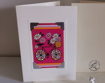 Retro Bicycle Handmade Greetings/Birthday Card. Genuine vintage playing card, 1970s - basket, flowers - pink cycling, cyclist, bike, friends