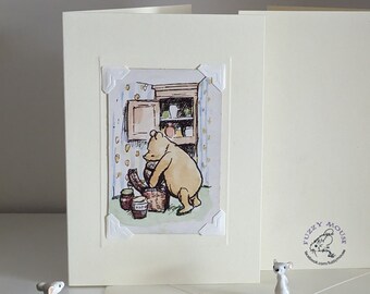 Handmade greetings/birthday card. Genuine vintage playing card, 1970s; Winne The Pooh & his honey pots. E H Shepherd; friendship, nostalgia