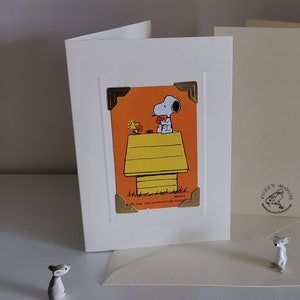 Snoopy and Woodstock Handmade greetings/birthday card. Genuine vintage playing card, 1970s, Snoopy & The Peanuts Gang, playing cards, retro