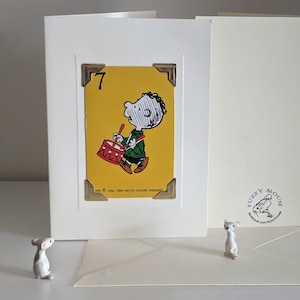 Handmade greetings/birthday card. Genuine vintage playing card, 1970s, Peanuts - Franklin. Snoopy & Charlie Brown&#39;s friend. Schulz. Iconic