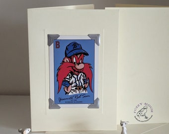 Handmade greetings/birthday card. Genuine 31-year-old playing card, 1993. Warner Brothers baseball Yosemite 'Red' Sam -  cartoon character.